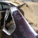 Before and after photographs of a damaged Chevy Impala that was repaired by Elite Paint & Body Shop in West Palm Beach, Florida.